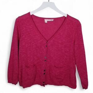 EILEEN FISHER Petite Slub Knit Linen Cotton Raspberry Pink Cardigan Sweater - M
